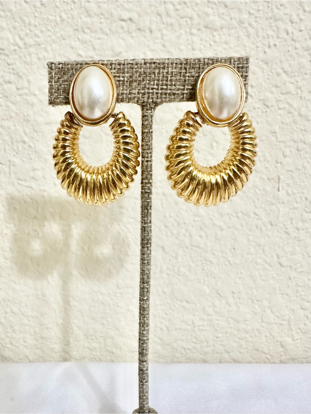 Vintage Gold Plated Pearl Door Knocker Earrings - Heavy